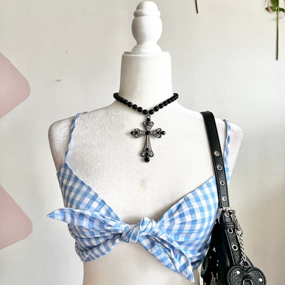 Blue Gingham Bralette Top, Cottagecore, Coquette,‎ Soft Girl, Preppy, Medium